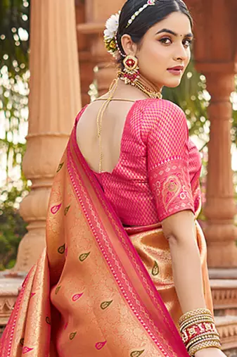 Women's peach soft banarasi silk blend zari woven saree with blouse
