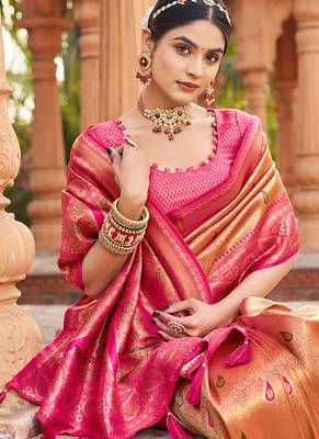 Women's peach soft banarasi silk blend zari woven saree with blouse 4