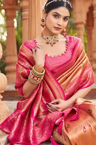 Women's peach soft banarasi silk blend zari woven saree with blouse