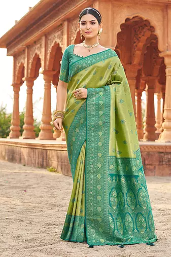 Women's green soft banarasi silk blend zari woven saree with blouse