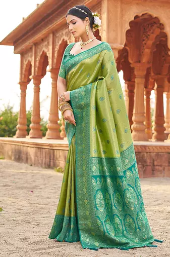 Women's green soft banarasi silk blend zari woven saree with blouse