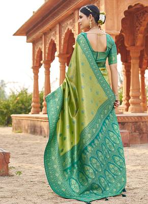 Women's green soft banarasi silk blend zari woven saree with blouse 3