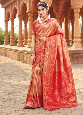 Women's red soft banarasi silk blend zari woven saree with blouse 1