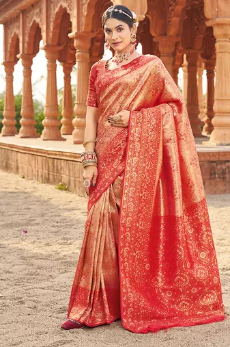 Women's red soft banarasi silk blend zari woven saree with blouse