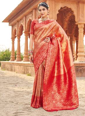 Women's red soft banarasi silk blend zari woven saree with blouse 2