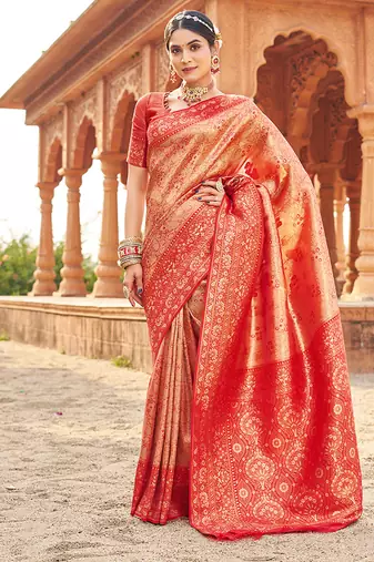 Women's red soft banarasi silk blend zari woven saree with blouse