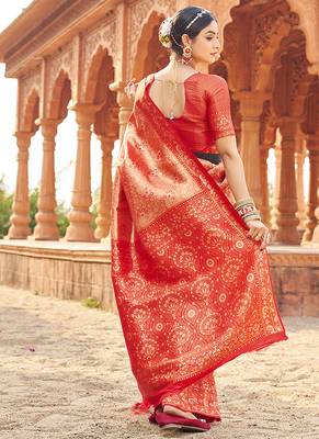 Women's red soft banarasi silk blend zari woven saree with blouse 3