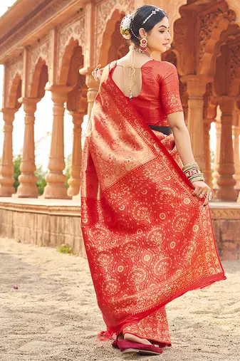 Women's red soft banarasi silk blend zari woven saree with blouse