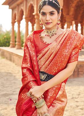 Women's red soft banarasi silk blend zari woven saree with blouse 4