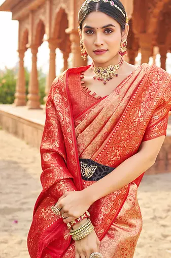 Women's red soft banarasi silk blend zari woven saree with blouse