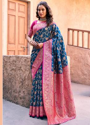 Navy blue soft banarasi silk blend zari woven saree with blouse 1