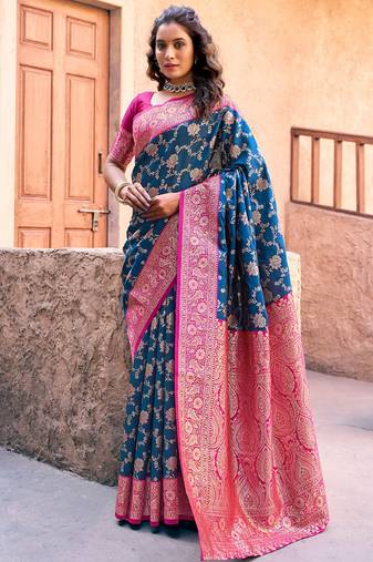 Navy blue soft banarasi silk blend zari woven saree with blouse