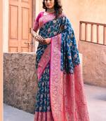 Navy blue soft banarasi silk blend zari woven saree with blouse