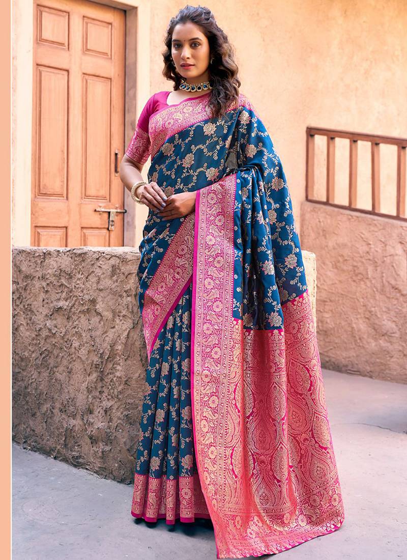 Navy blue soft banarasi silk blend zari woven saree with blouse