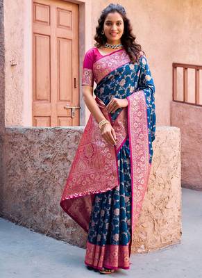 Navy blue soft banarasi silk blend zari woven saree with blouse 2