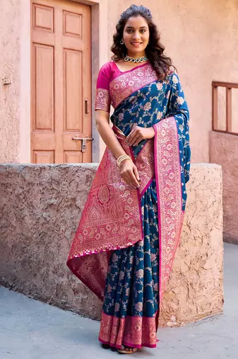 Navy blue soft banarasi silk blend zari woven saree with blouse