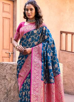 Navy blue soft banarasi silk blend zari woven saree with blouse 3