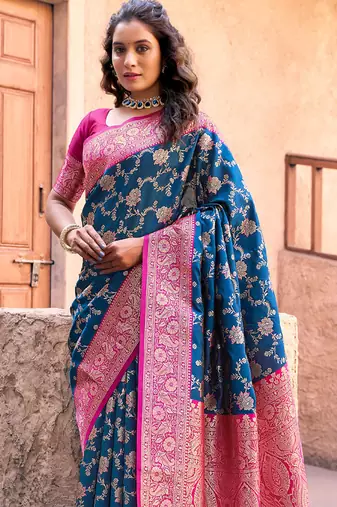 Navy blue soft banarasi silk blend zari woven saree with blouse