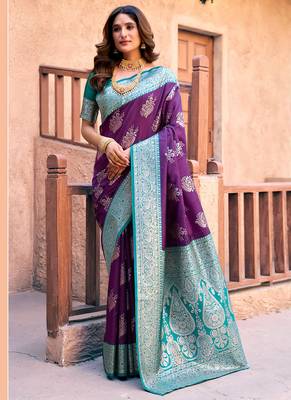 Purple soft banarasi silk blend zari woven saree with blouse 1