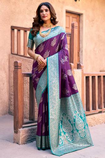 Purple soft banarasi silk blend zari woven saree with blouse