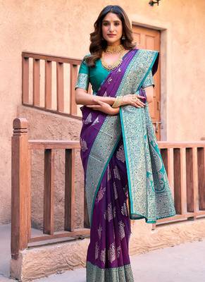 Purple soft banarasi silk blend zari woven saree with blouse 2
