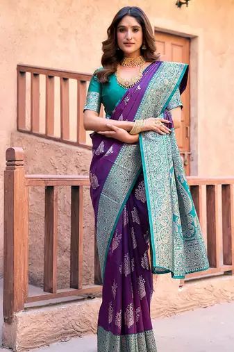 Purple soft banarasi silk blend zari woven saree with blouse