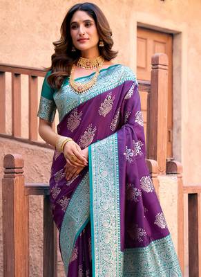 Purple soft banarasi silk blend zari woven saree with blouse 3