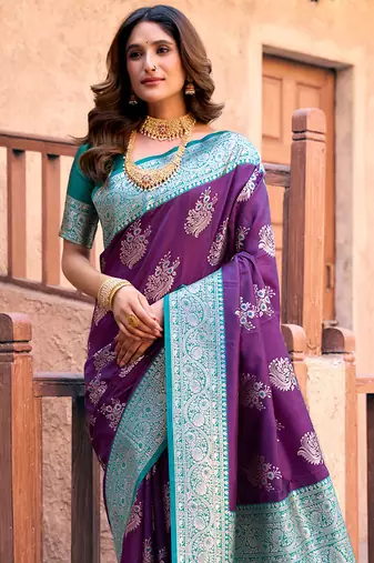 Purple soft banarasi silk blend zari woven saree with blouse