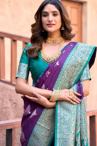 Purple soft banarasi silk blend zari woven saree with blouse