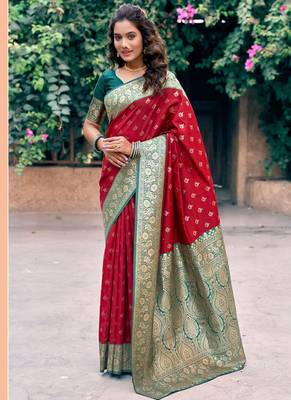 Red soft banarasi silk blend zari woven saree with blouse 1
