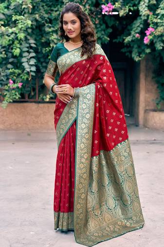 Red soft banarasi silk blend zari woven saree with blouse