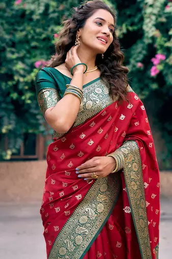 Red soft banarasi silk blend zari woven saree with blouse