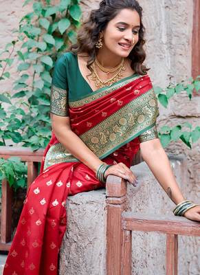 Red soft banarasi silk blend zari woven saree with blouse 3