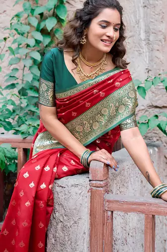 Red soft banarasi silk blend zari woven saree with blouse