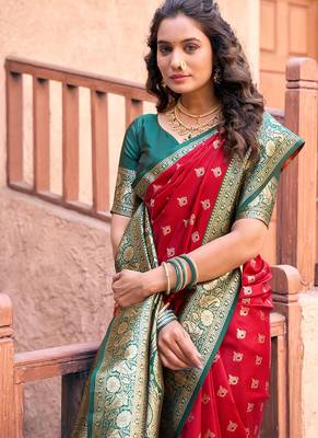 Red soft banarasi silk blend zari woven saree with blouse 4