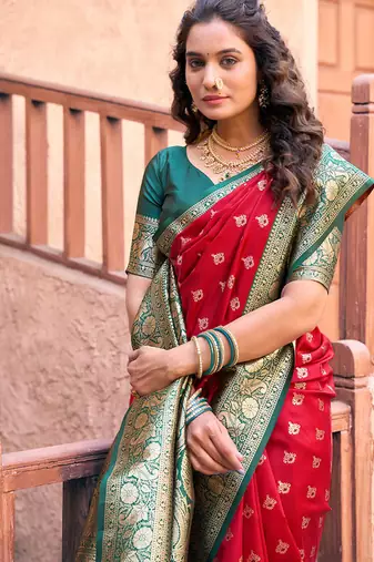 Red soft banarasi silk blend zari woven saree with blouse
