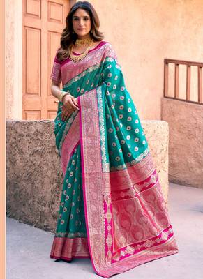 Turquoise soft banarasi silk blend zari woven saree with blouse 1