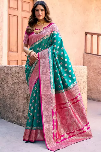 Turquoise soft banarasi silk blend zari woven saree with blouse