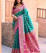 Turquoise soft banarasi silk blend zari woven saree with blouse