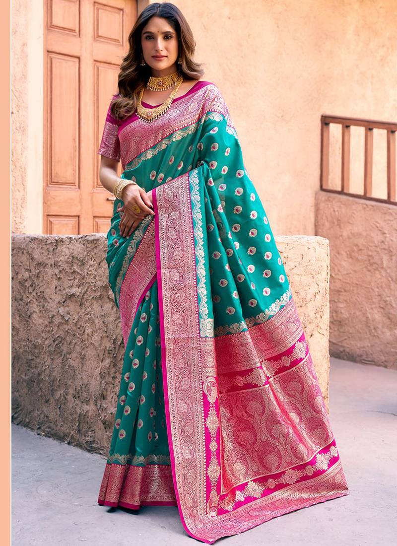 Turquoise soft banarasi silk blend zari woven saree with blouse