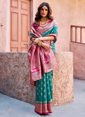 Turquoise soft banarasi silk blend zari woven saree with blouse 2