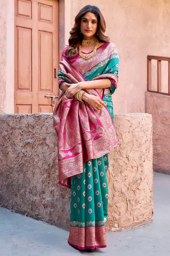 Turquoise soft banarasi silk blend zari woven saree with blouse