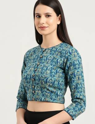 Green cotton sanganeri printed non padded blouse 1