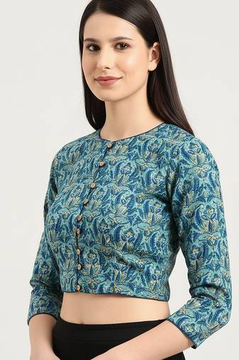 Green cotton sanganeri printed non padded blouse