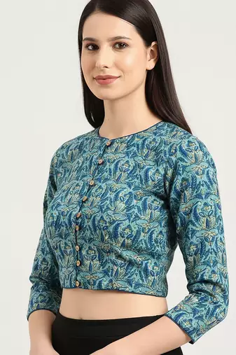 Green cotton sanganeri printed non padded blouse