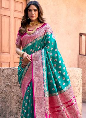 Turquoise soft banarasi silk blend zari woven saree with blouse 3