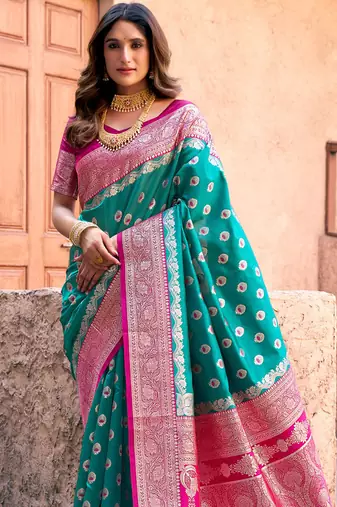Turquoise soft banarasi silk blend zari woven saree with blouse
