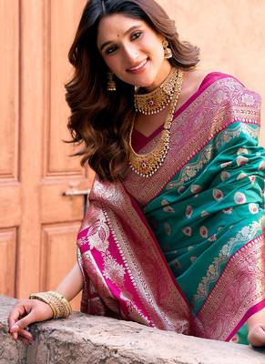 Turquoise soft banarasi silk blend zari woven saree with blouse 4