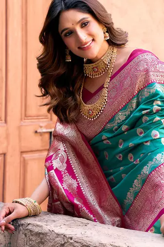 Turquoise soft banarasi silk blend zari woven saree with blouse