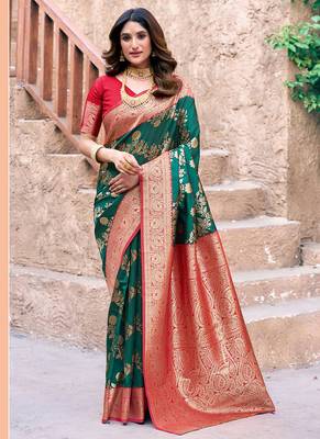 Dark green soft banarasi silk blend zari woven saree with blouse 1
